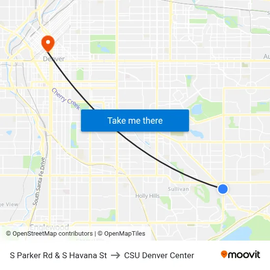 S Parker Rd & S Havana St to CSU Denver Center map