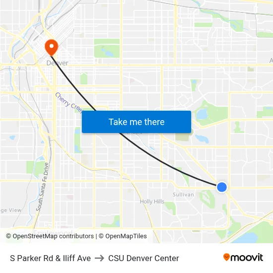 S Parker Rd & Iliff Ave to CSU Denver Center map