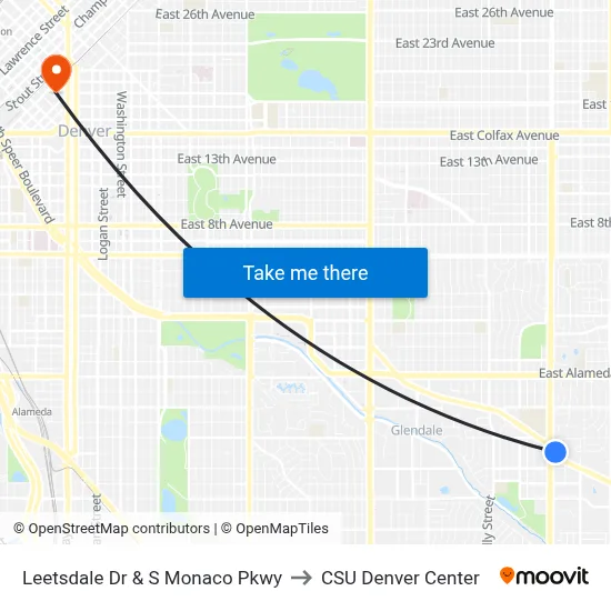 Leetsdale Dr & S Monaco Pkwy to CSU Denver Center map