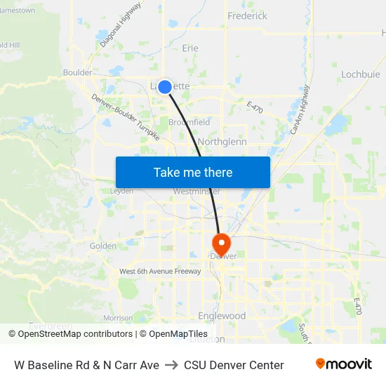 W Baseline Rd & N Carr Ave to CSU Denver Center map