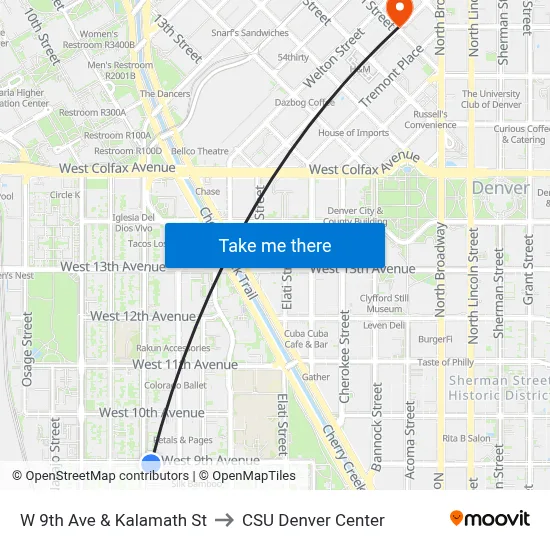 W 9th Ave & Kalamath St to CSU Denver Center map