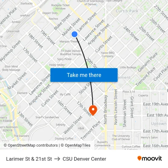 Larimer St & 21st St to CSU Denver Center map
