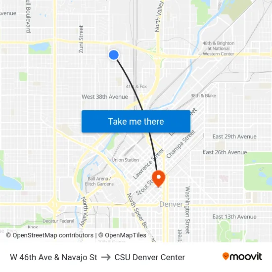 W 46th Ave & Navajo St to CSU Denver Center map
