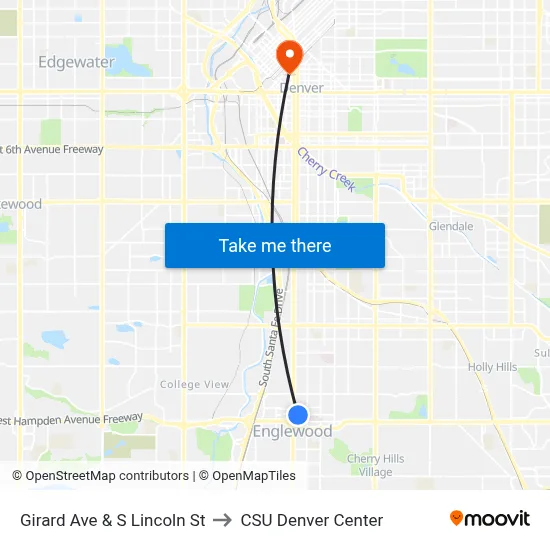 Girard Ave & S Lincoln St to CSU Denver Center map