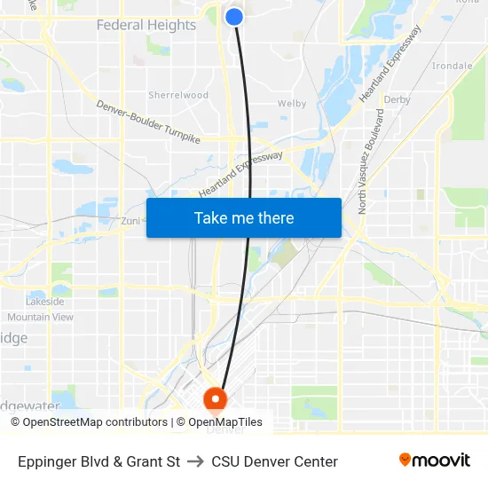 Eppinger Blvd & Grant St to CSU Denver Center map