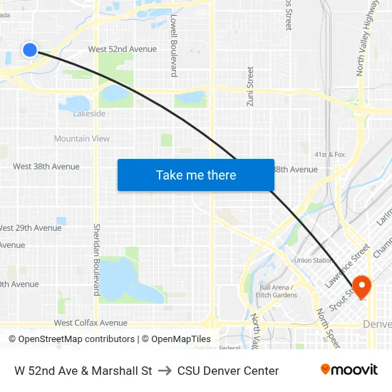 W 52nd Ave & Marshall St to CSU Denver Center map