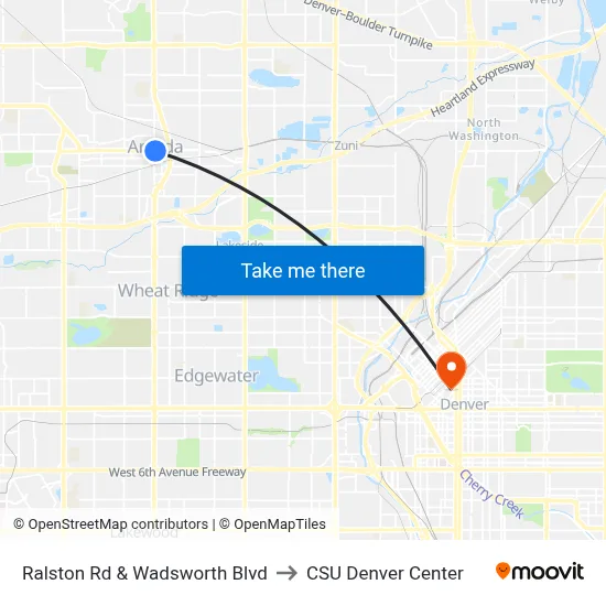 Ralston Rd & Wadsworth Blvd to CSU Denver Center map
