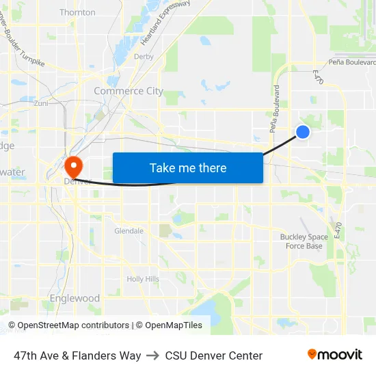 47th Ave & Flanders Way to CSU Denver Center map