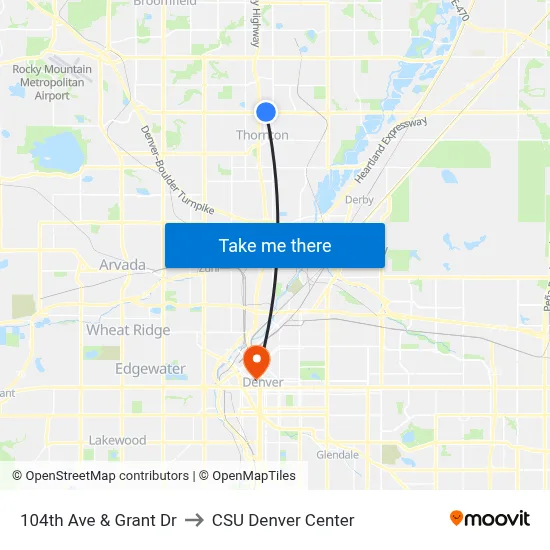 104th Ave & Grant Dr to CSU Denver Center map