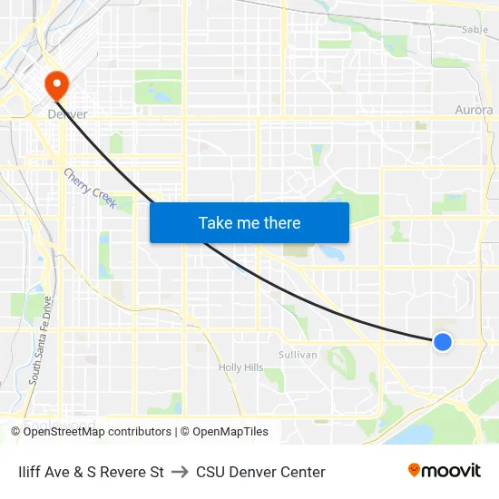 Iliff Ave & S Revere St to CSU Denver Center map