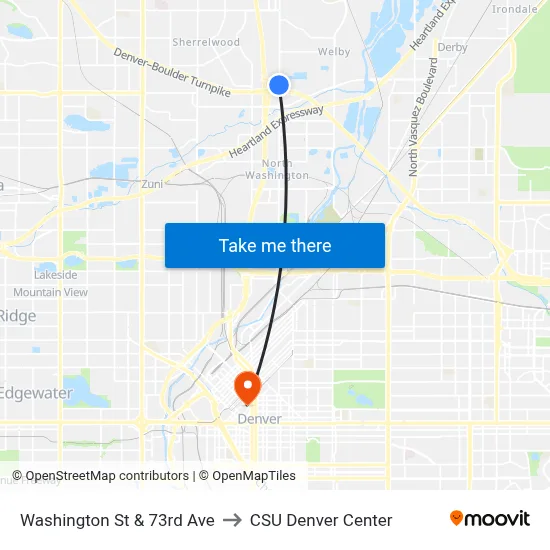 Washington St & 73rd Ave to CSU Denver Center map
