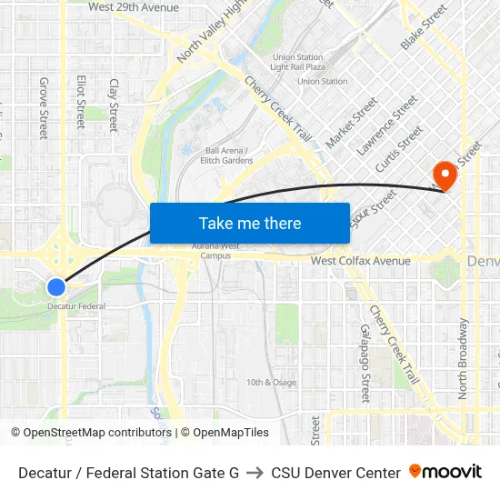 Decatur / Federal Station Gate G to CSU Denver Center map