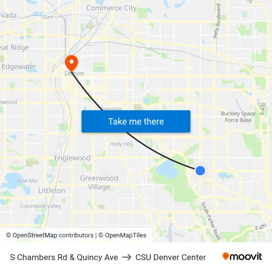 S Chambers Rd & Quincy Ave to CSU Denver Center map