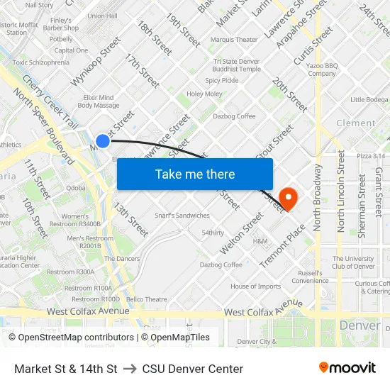 Market St & 14th St to CSU Denver Center map