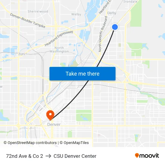 72nd Ave & Co 2 to CSU Denver Center map
