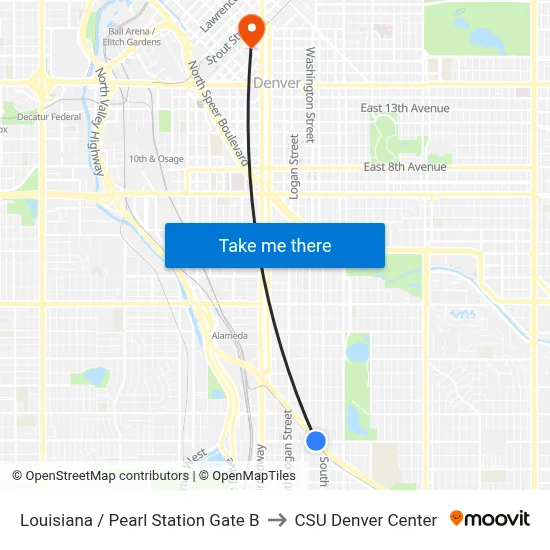 Louisiana / Pearl Station Gate B to CSU Denver Center map