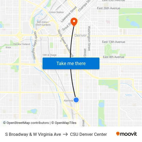S Broadway & W Virginia Ave to CSU Denver Center map