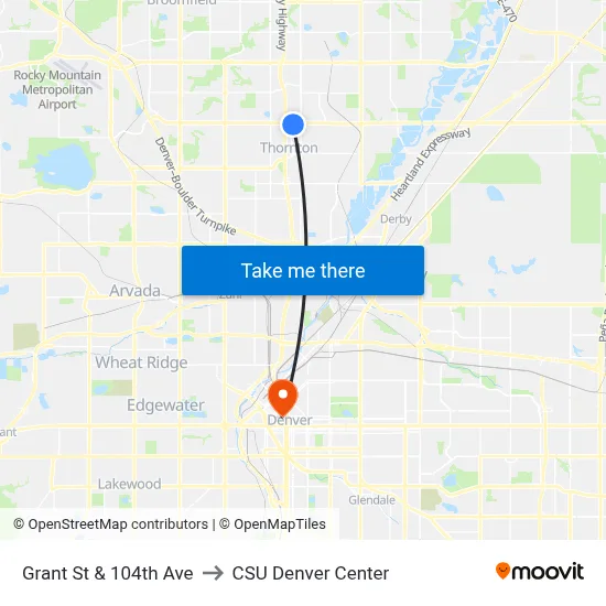 Grant St & 104th Ave to CSU Denver Center map