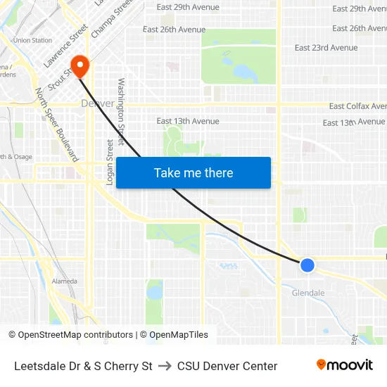 Leetsdale Dr & S Cherry St to CSU Denver Center map