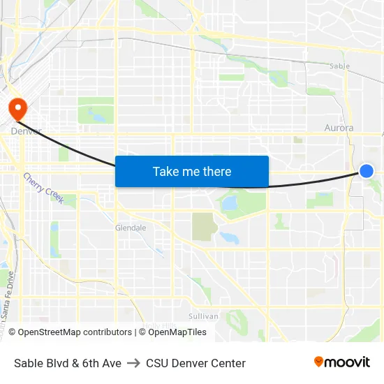 Sable Blvd & 6th Ave to CSU Denver Center map
