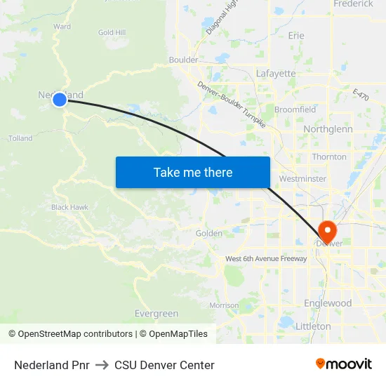 Nederland Pnr to CSU Denver Center map
