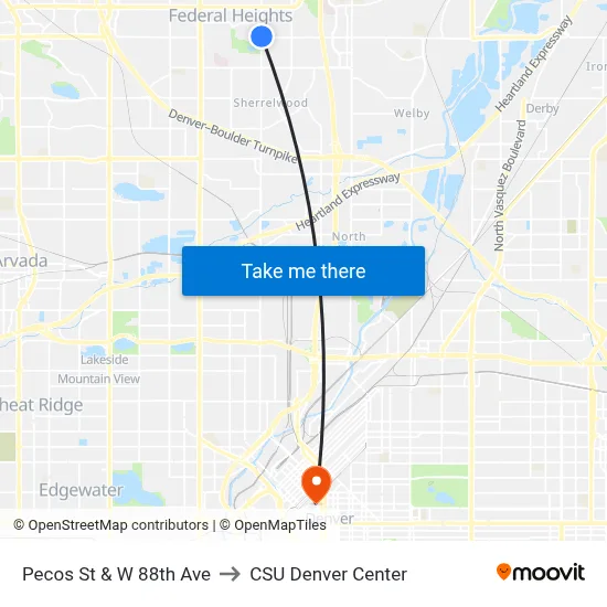 Pecos St & W 88th Ave to CSU Denver Center map