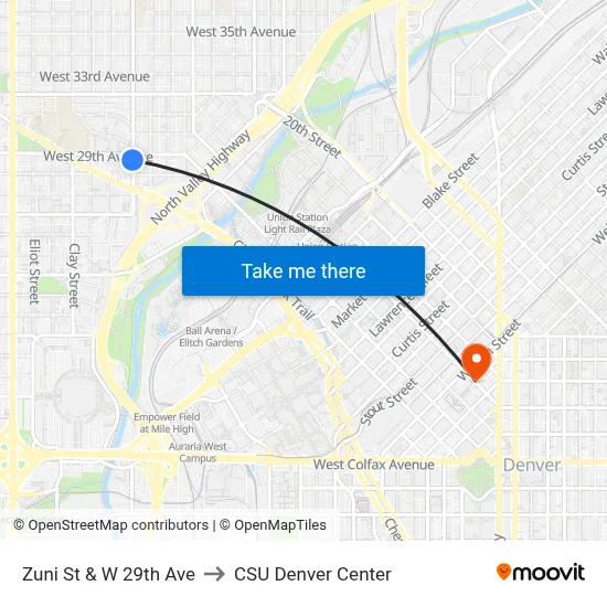 Zuni St & W 29th Ave to CSU Denver Center map