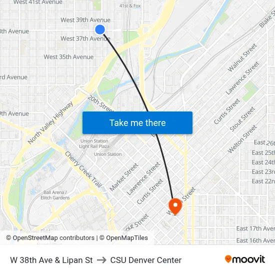 W 38th Ave & Lipan St to CSU Denver Center map