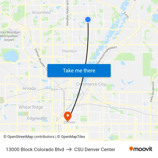 13000 Block Colorado Blvd to CSU Denver Center map