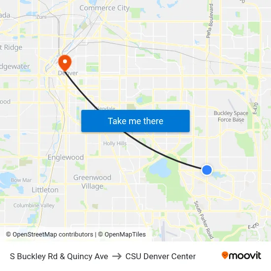 S Buckley Rd & Quincy Ave to CSU Denver Center map