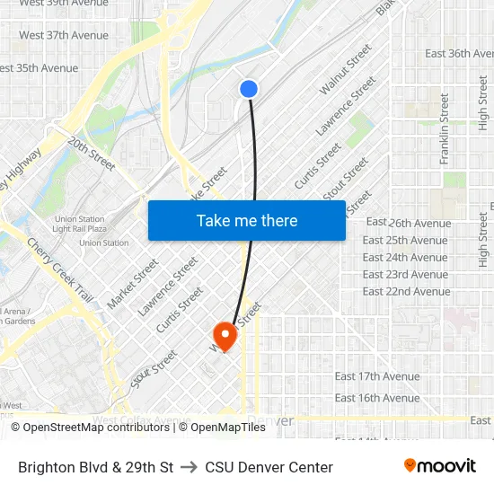 Brighton Blvd & 29th St to CSU Denver Center map