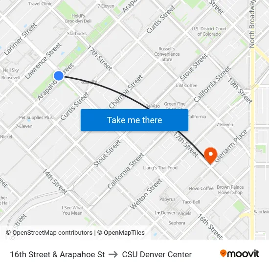 16th Street & Arapahoe St to CSU Denver Center map