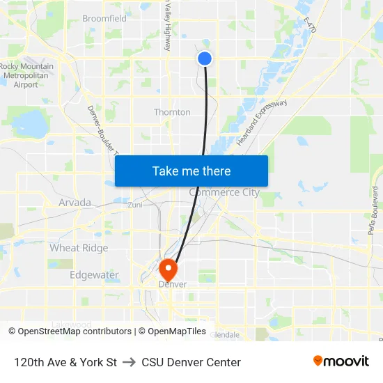 120th Ave & York St to CSU Denver Center map
