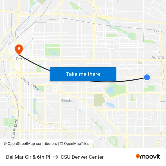 Del Mar Cir & 6th Pl to CSU Denver Center map