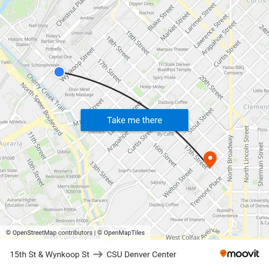 15th St & Wynkoop St to CSU Denver Center map