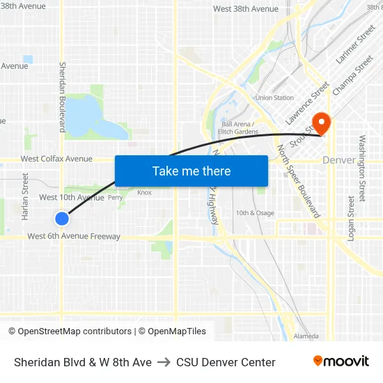 Sheridan Blvd & W 8th Ave to CSU Denver Center map