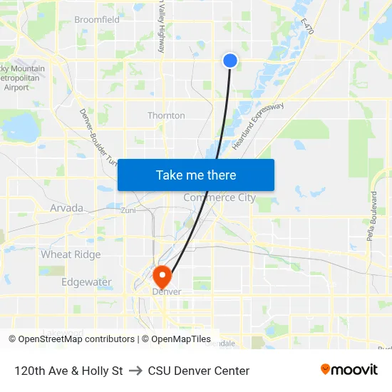 120th Ave & Holly St to CSU Denver Center map