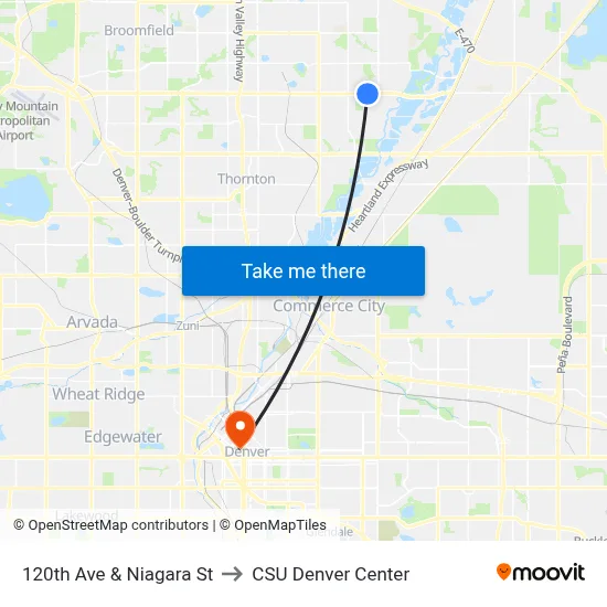 120th Ave & Niagara St to CSU Denver Center map
