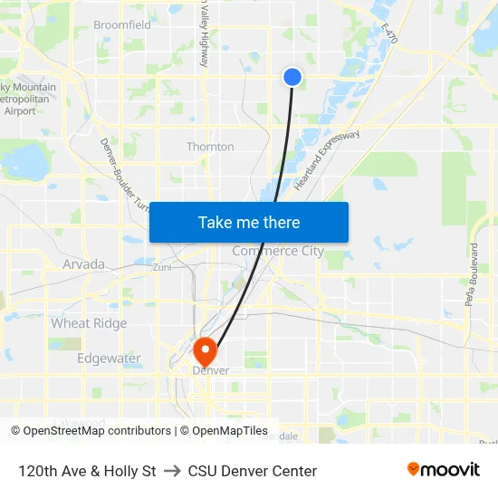 120th Ave & Holly St to CSU Denver Center map