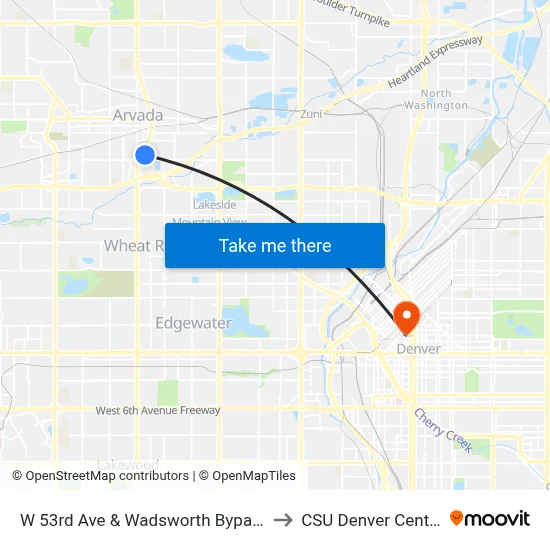 W 53rd Ave & Wadsworth Bypass to CSU Denver Center map