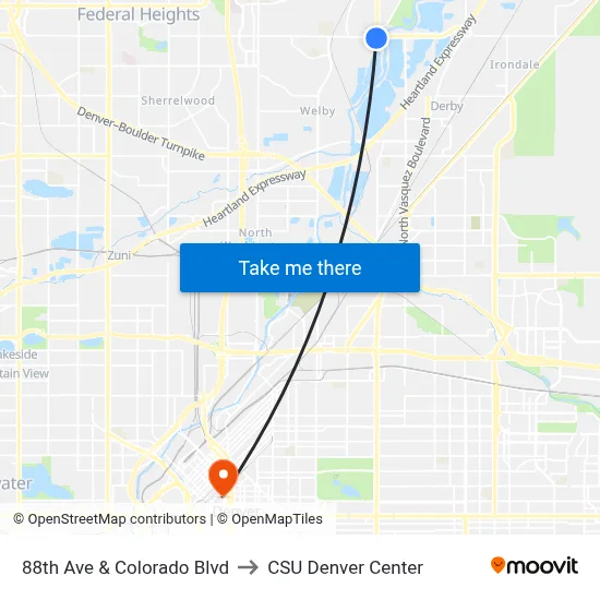 88th Ave & Colorado Blvd to CSU Denver Center map