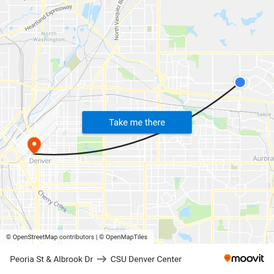 Peoria St & Albrook Dr to CSU Denver Center map