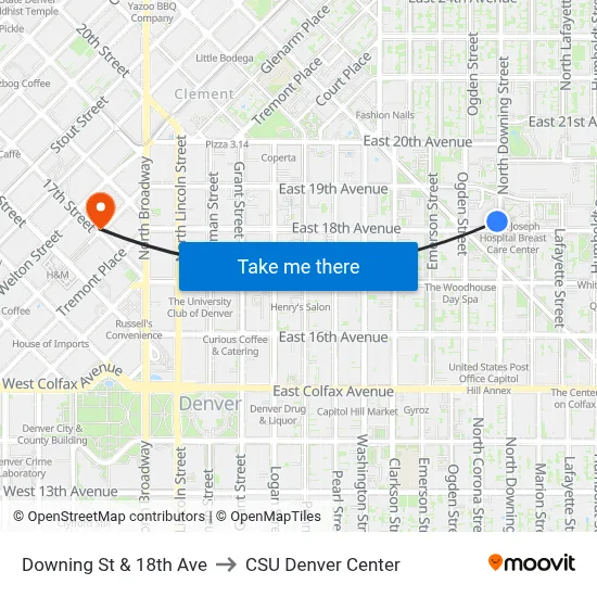 Downing St & 18th Ave to CSU Denver Center map