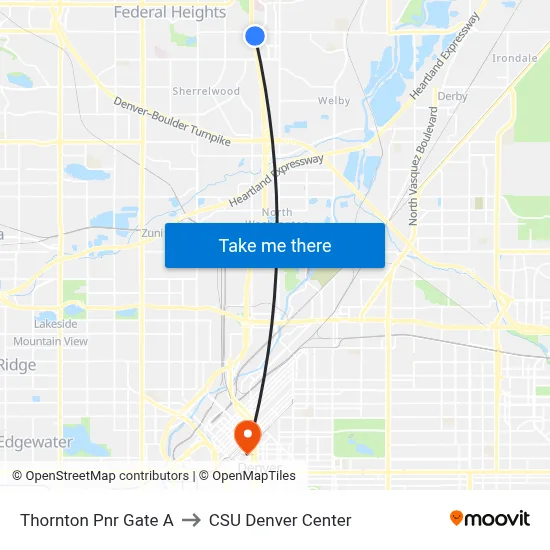 Thornton Pnr Gate A to CSU Denver Center map