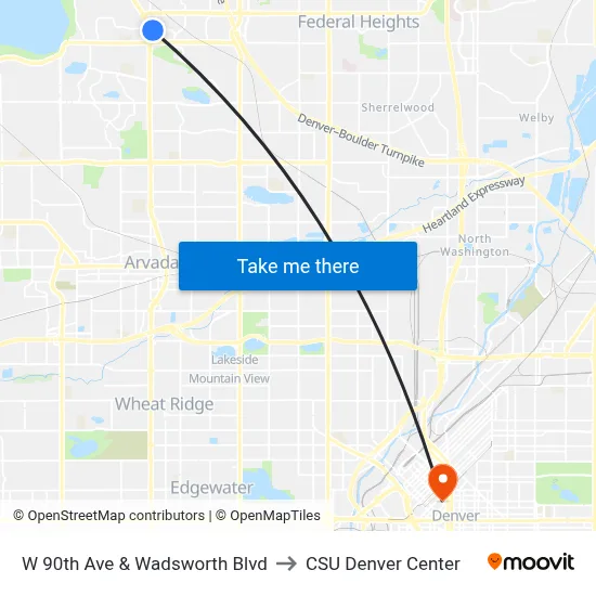 W 90th Ave & Wadsworth Blvd to CSU Denver Center map