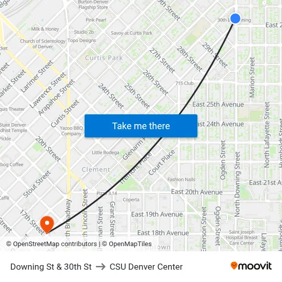 Downing St & 30th St to CSU Denver Center map