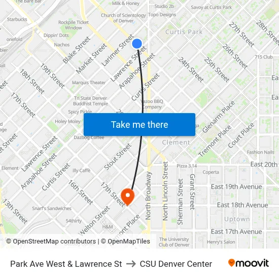 Park Ave West & Lawrence St to CSU Denver Center map