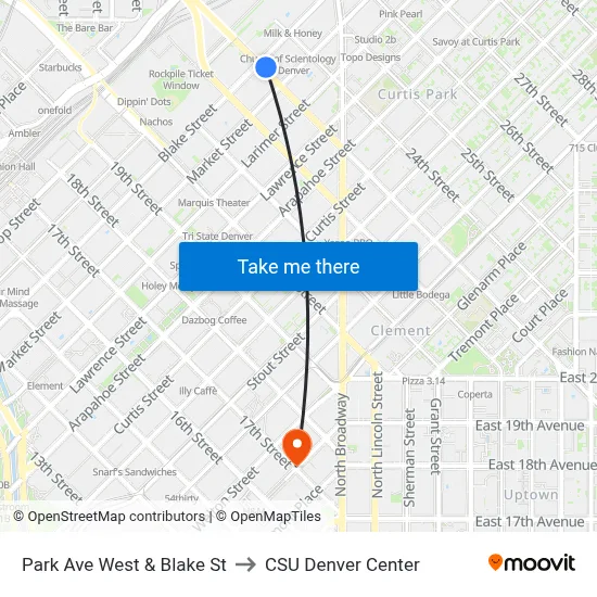 Park Ave West & Blake St to CSU Denver Center map