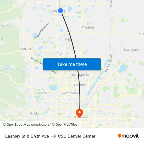 Lashley St & E 9th Ave to CSU Denver Center map