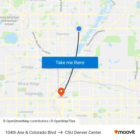 104th Ave & Colorado Blvd to CSU Denver Center map